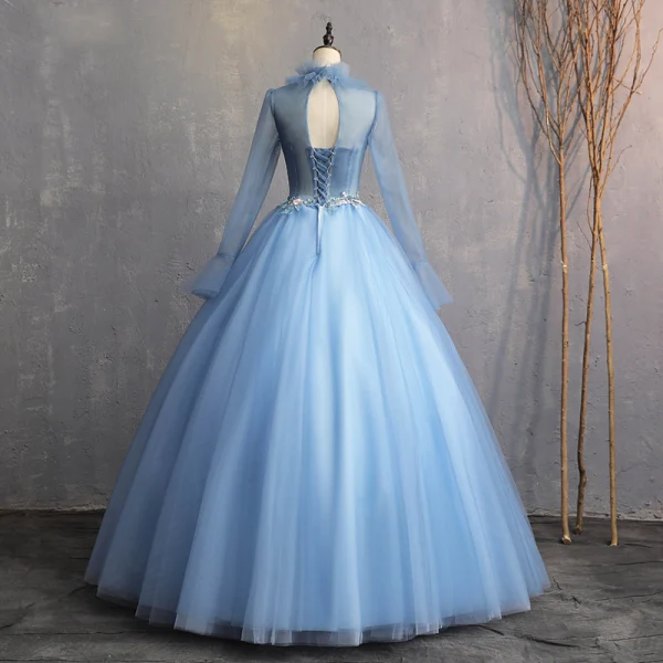 Vintage / Retro Sky Blue 2019 A-Line / Princess Formal Dresses High Neck Beading Pearl Appliques Lace Long Sleeve Backless Floor-Length / Long Prom Dresses