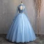 Vintage / Retro Sky Blue 2019 A-Line / Princess Formal Dresses High Neck Beading Pearl Appliques Lace Long Sleeve Backless Floor-Length / Long Prom Dresses