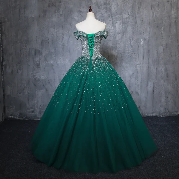 Vintage / Retro Dark Green Handmade  Beading Prom Dresses 2019 A-Line / Princess Off-The-Shoulder Sequins Sleeveless Backless Floor-Length / Long Formal Dresses