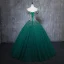 Vintage / Retro Dark Green Handmade  Beading Prom Dresses 2019 A-Line / Princess Off-The-Shoulder Sequins Sleeveless Backless Floor-Length / Long Formal Dresses