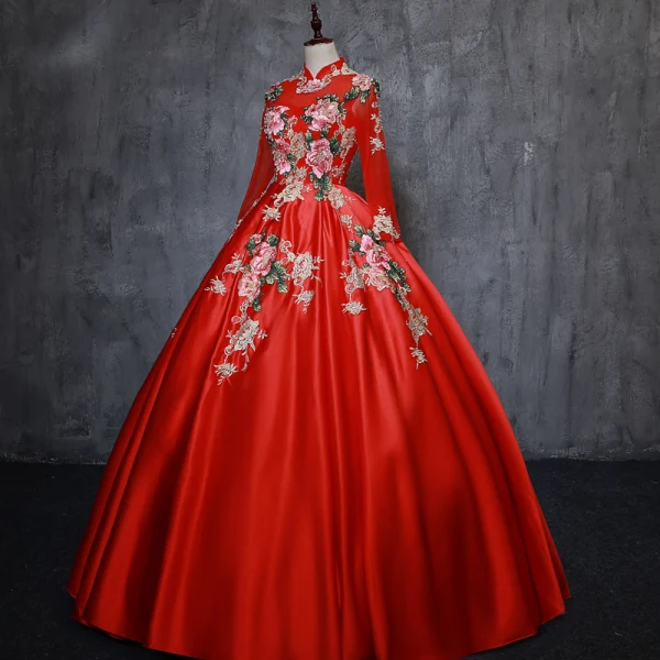 Chinese style Red Prom Dresses 2019 A-Line / Princess High Neck Appliques Lace Pearl 3/4 Sleeve Backless Floor-Length / Long Formal Dresses