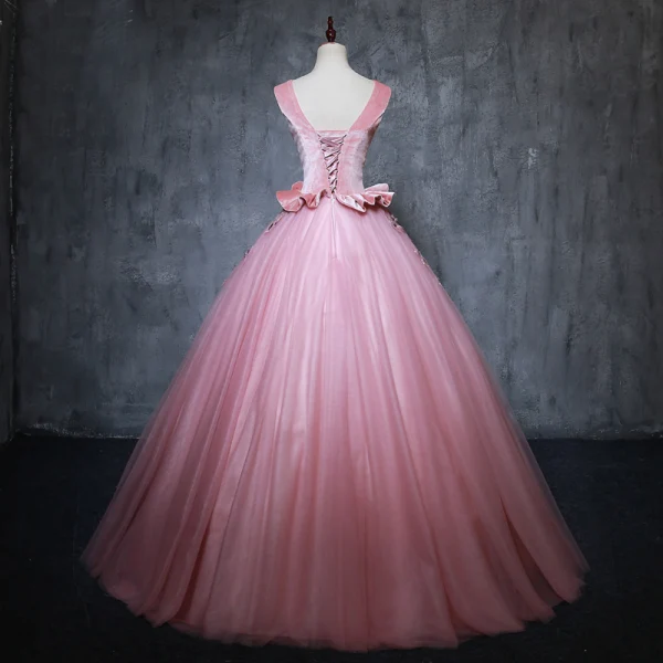 Vintage / Retro Candy Pink Prom Dresses 2019 Ball Gown V-Neck Suede Pearl Appliques Sleeveless Backless Floor-Length / Long Formal Dresses