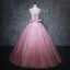 Vintage / Retro Candy Pink Prom Dresses 2019 Ball Gown V-Neck Suede Pearl Appliques Sleeveless Backless Floor-Length / Long Formal Dresses