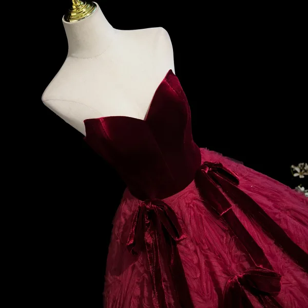 Vintage / Retro Burgundy Bow Prom Dresses 2025 Ball Gown Strapless Sleeveless Backless Floor-Length / Long Formal Dresses