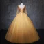 Chic / Belle Doré Robe De Bal 2019 Robe Boule Encolure Dégagée Perlage Cristal Paillettes Manches Longues Dos Nu Noeud Longue Robe De Ceremonie