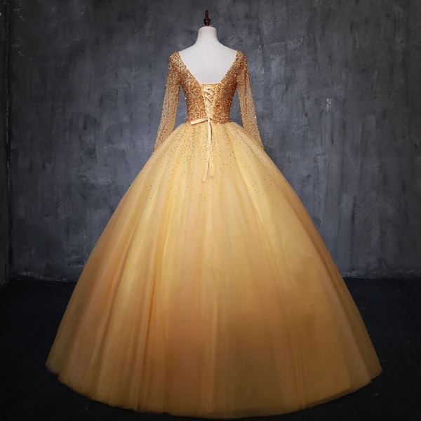 Chic / Beautiful Gold Prom Dresses 2019 Ball Gown Scoop Neck Beading Crystal Sequins Long Sleeve Backless Bow Floor-Length / Long Formal Dresses