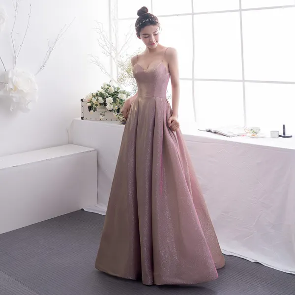 Schöne Rosa Abendkleider 2019 A Linie Spaghettiträger Glanz Polyester Ärmellos Rückenfreies Lange Festliche Kleider