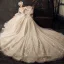 Audrey Hepburn Style Champagne Wedding Dresses 2019 Ball Gown V-Neck Lace Flower Bell sleeves Backless Royal Train