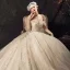Audrey Hepburn Style Champagne Wedding Dresses 2019 Ball Gown Off-The-Shoulder Lace Flower Sequins Short Sleeve Backless Royal Train