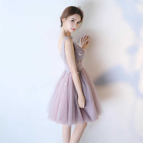 Chic / Belle Lavande Robe De Cocktail 2018 Robe Boule Perlage Perle Appliques V-Cou Dos Nu Sans Manches Mi-Longues Robe De Ceremonie