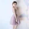 Chic / Beautiful Lavender Cocktail Dresses 2018 Ball Gown Beading Pearl Appliques V-Neck Backless Sleeveless Knee-Length Formal Dresses