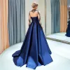 Luxury / Gorgeous Navy Blue Evening Dresses  2019 A-Line / Princess High Neck Beading Crystal Long Sleeve Sweep Train Formal Dresses