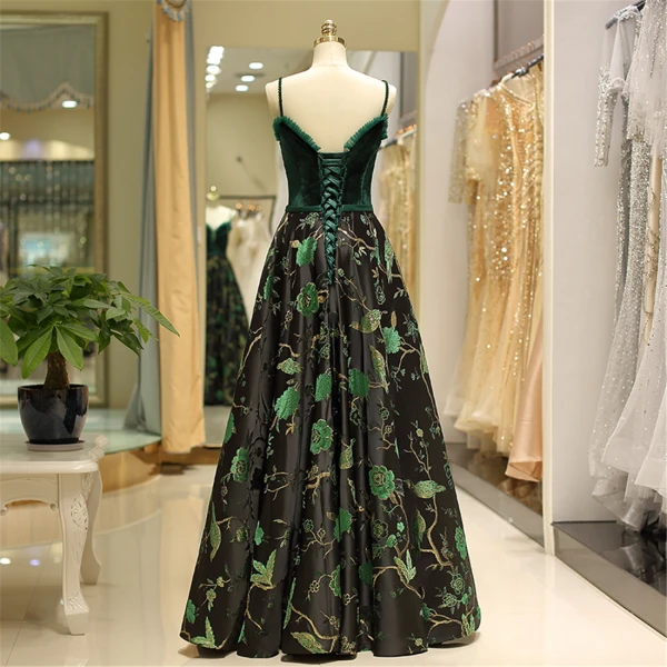 Vintage / Retro Dark Green Evening Dresses 2019 A-Line / Princess Spaghetti Straps Suede Beading Crystal Sleeveless Backless Printing Floor-Length / Long Formal Dresses