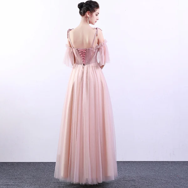 Chic / Beautiful Pearl Pink Prom Dresses 2019 A-Line / Princess Spaghetti Straps Appliques Lace Beading Crystal Rhinestone Short Sleeve Backless Floor-Length / Long Formal Dresses