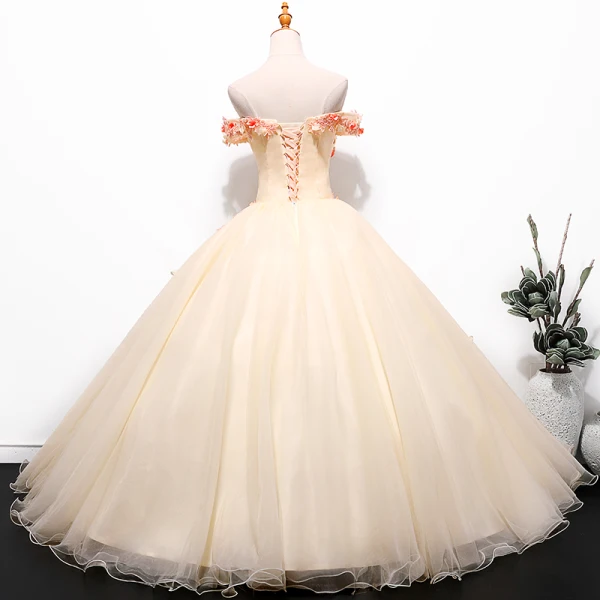 Chic / Beautiful Champagne Prom Dresses 2019 Ball Gown Off-The-Shoulder Lace Flower Appliques Short Sleeve Backless Floor-Length / Long Formal Dresses