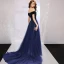 Schlicht Marineblau Abendkleider 2019 A Linie Off Shoulder Wildleder Kurze Ärmel Rückenfreies Sweep / Pinsel Zug Festliche Kleider