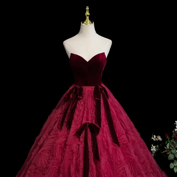 Vintage / Retro Burgundy Bow Prom Dresses 2025 Ball Gown Strapless Sleeveless Backless Floor-Length / Long Formal Dresses