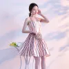 Sexy Ivory Party Dresses 2018 A-Line / Princess Striped Spaghetti Straps Sleeveless Short Formal Dresses