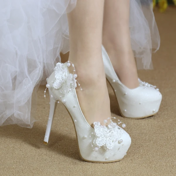 Chic / Beautiful Ivory Wedding Shoes 2019 Butterfly Lace Flower Pearl 14 cm Stiletto Heels Round Toe Wedding Pumps