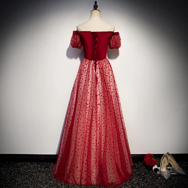 Chic / Belle Bordeaux Robe De Soirée 2019 Princesse De l'épaule Tachetée Manches Courtes Dos Nu Longue Robe De Ceremonie