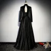 Vintage / Retro Black Evening Dresses  2019 A-Line / Princess High Neck Suede Bow Long Sleeve Backless Floor-Length / Long Formal Dresses