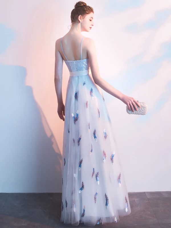 Eleganckie Srebrny Sukienki Wieczorowe 2019 Princessa Spaghetti Pasy Z Koronki Kwiat Cekiny Kokarda Bez Rękawów Bez Pleców Sukienki Wizytowe