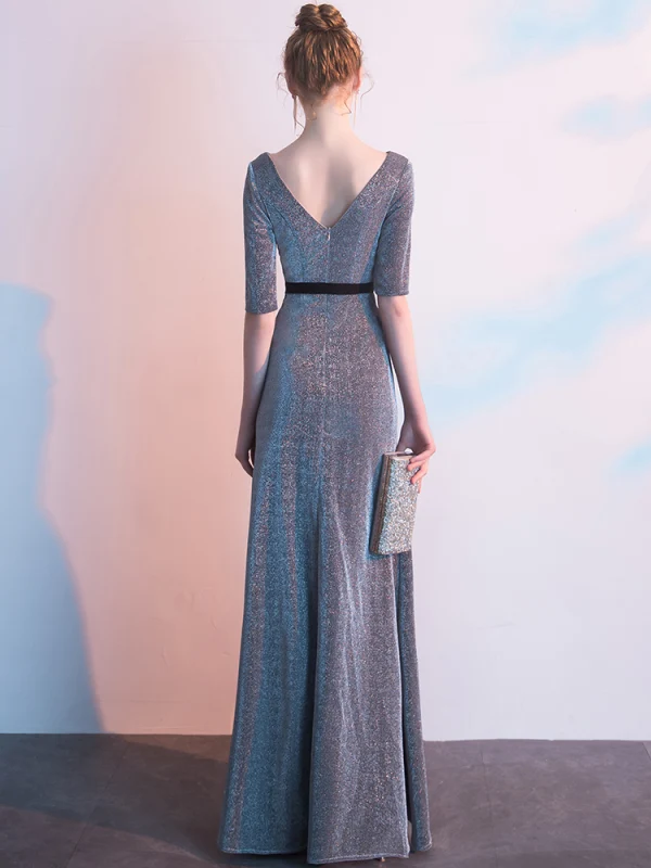 Élégant Gris Robe De Soirée 2019 Empire V-Cou Glitter Polyester Ceinture 1/2 Manches Dos Nu Longue Robe De Ceremonie