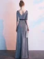 Élégant Gris Robe De Soirée 2019 Empire V-Cou Glitter Polyester Ceinture 1/2 Manches Dos Nu Longue Robe De Ceremonie