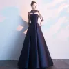 Vintage / Retro Navy Blue Evening Dresses  2019 A-Line / Princess High Neck Beading Crystal Long Sleeve Floor-Length / Long Formal Dresses