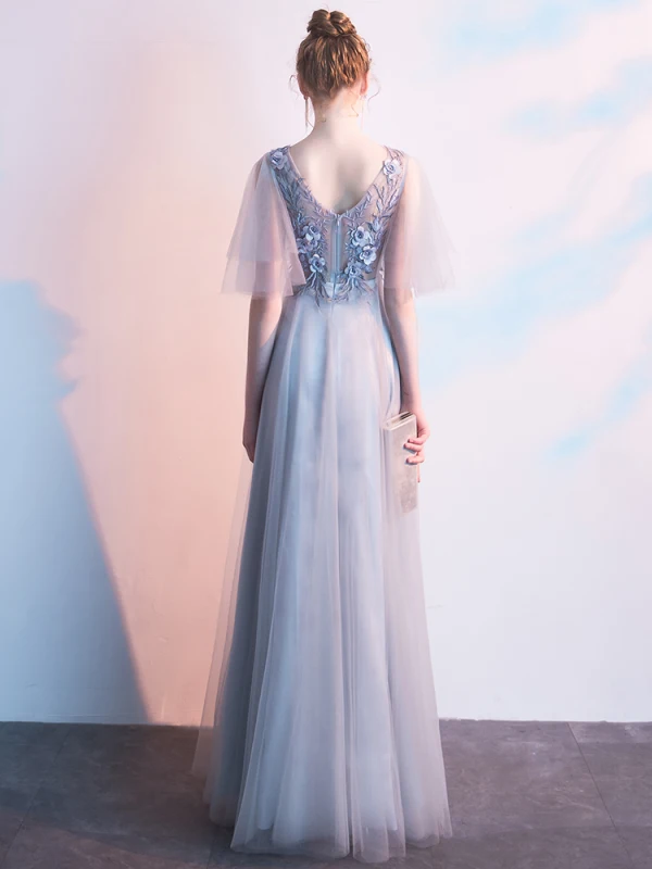 Chic / Beautiful Grey Evening Dresses  2019 A-Line / Princess V-Neck Appliques Pearl Lace Flower Short Sleeve Backless Floor-Length / Long Formal Dresses