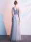 Chic / Beautiful Grey Evening Dresses  2019 A-Line / Princess V-Neck Appliques Pearl Lace Flower Short Sleeve Backless Floor-Length / Long Formal Dresses