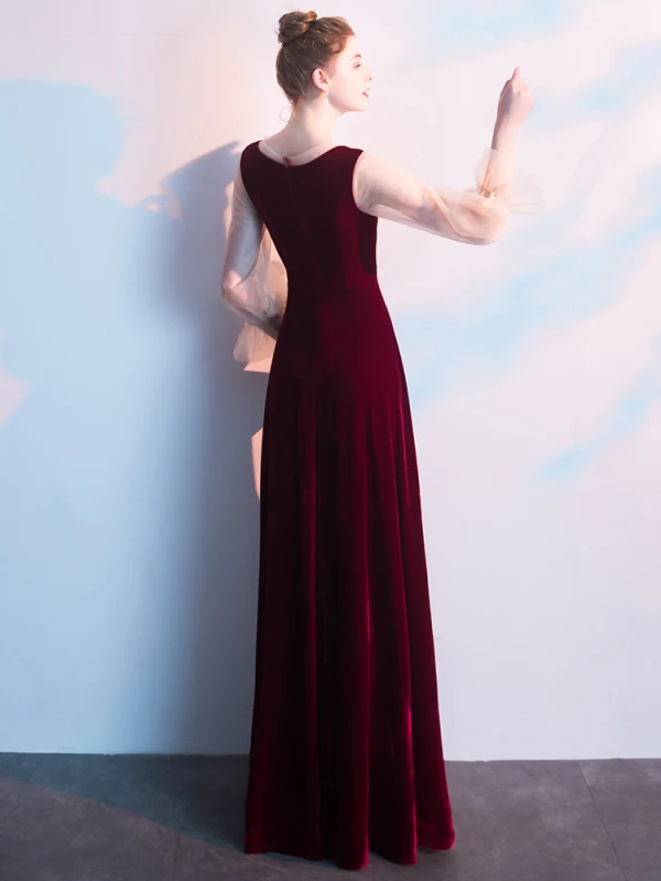 Chic / Beautiful Burgundy Evening Dresses  2019 A-Line / Princess V-Neck Long Sleeve Floor-Length / Long Formal Dresses