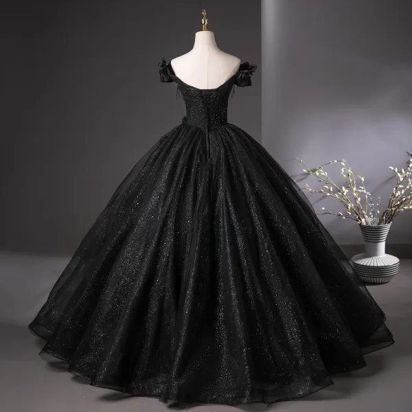 Amazing / Unique Black Beading Appliques Sequins Glitter Prom Dresses 2025 Ball Gown Off-The-Shoulder Feather Short Sleeve Backless Floor-Length / Long Prom Formal Dresses