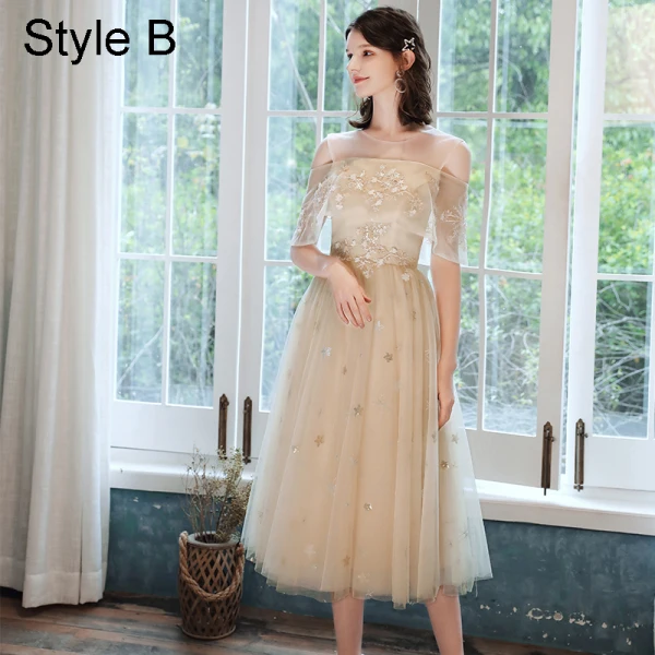 Chic / Beautiful Champagne Bridesmaid Dresses 2021 A-Line / Princess Scoop Neck Lace Flower Appliques Rhinestone Short Sleeve Backless Tea-length Wedding Party Dresses