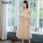 Chic / Beautiful Champagne Bridesmaid Dresses 2021 A-Line / Princess Scoop Neck Lace Flower Appliques Rhinestone Short Sleeve Backless Tea-length Wedding Party Dresses