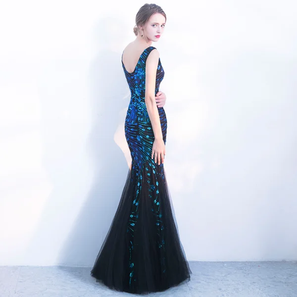 Chic / Belle Bleu Marine Robe De Soirée 2018 Trompette / Sirène Paillettes V-Cou Dos Nu Sans Manches Longue Robe De Ceremonie