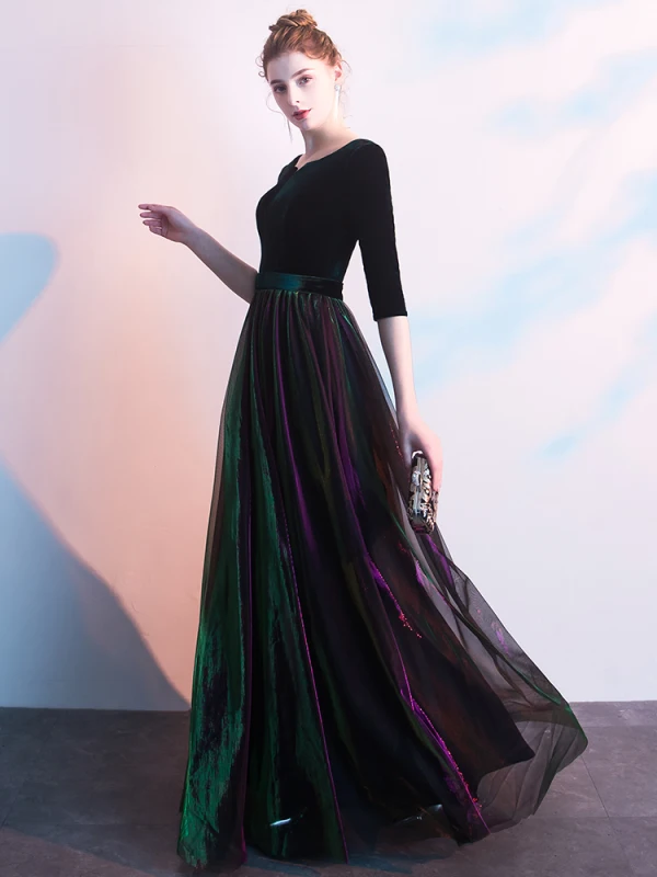 Elegant Black Evening Dresses  2019 A-Line / Princess Scoop Neck Suede 1/2 Sleeves Floor-Length / Long Formal Dresses