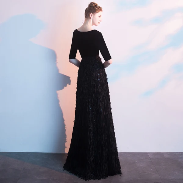 Charming Black Evening Dresses 2019 A-Line / Princess Deep V-Neck Suede Tassel Sash 1/2 Sleeves Floor-Length / Long Formal Dresses