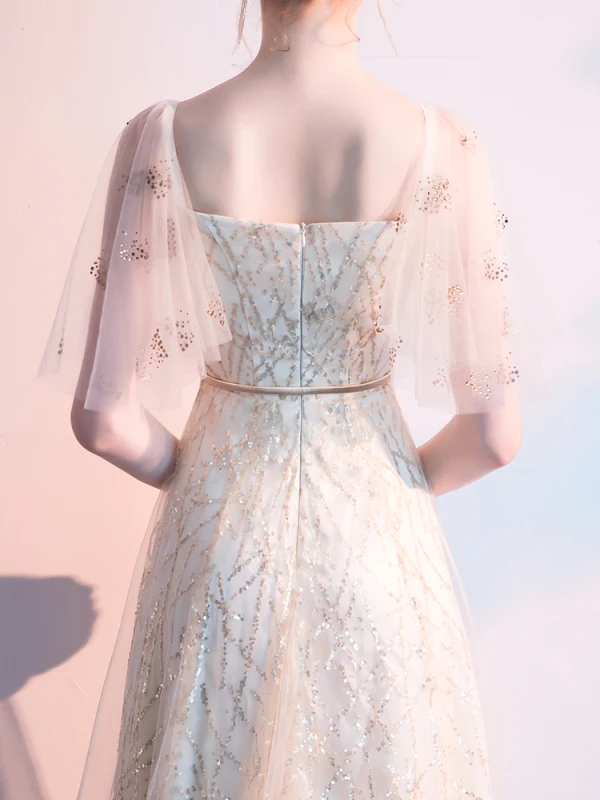Charming Champagne Evening Dresses  2019 A-Line / Princess Square Neckline Sequins Sash Short Sleeve Backless Floor-Length / Long Formal Dresses