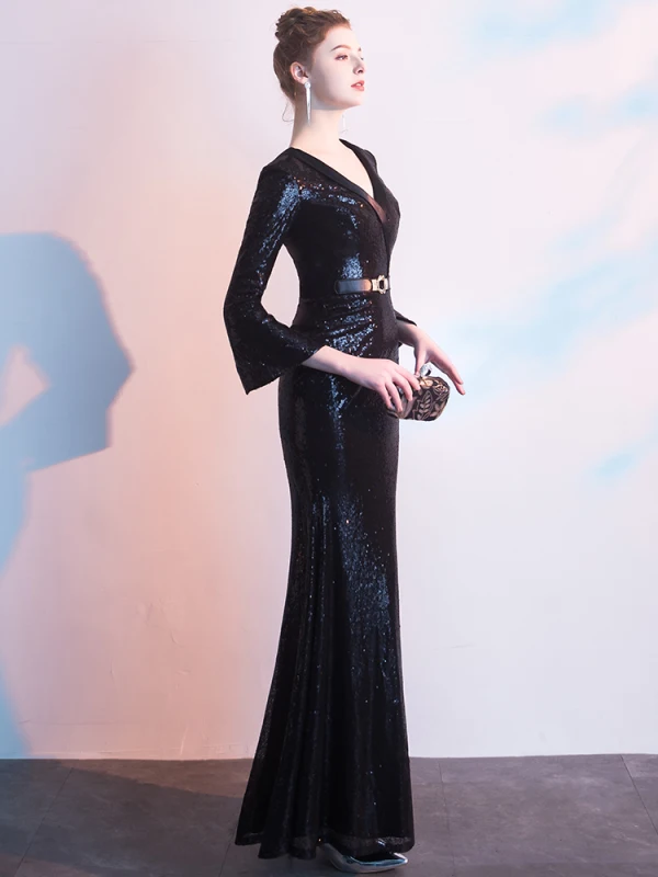 Charmant Noire Robe De Soirée 2019 Trompette / Sirène V-Cou Paillettes Ceinture 3/4 Manches Longue Robe De Ceremonie