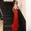 Sexy Simple Rouge Robe De Soirée 2019 Trompette / Sirène Bretelles Spaghetti Paillettes Sans Manches Dos Nu Train De Balayage Robe De Ceremonie