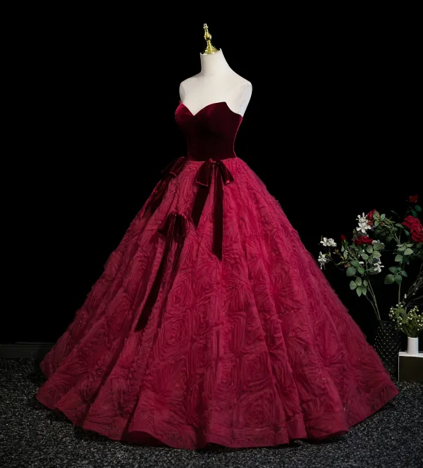Vintage / Retro Burgundy Bow Prom Dresses 2025 Ball Gown Strapless Sleeveless Backless Floor-Length / Long Formal Dresses