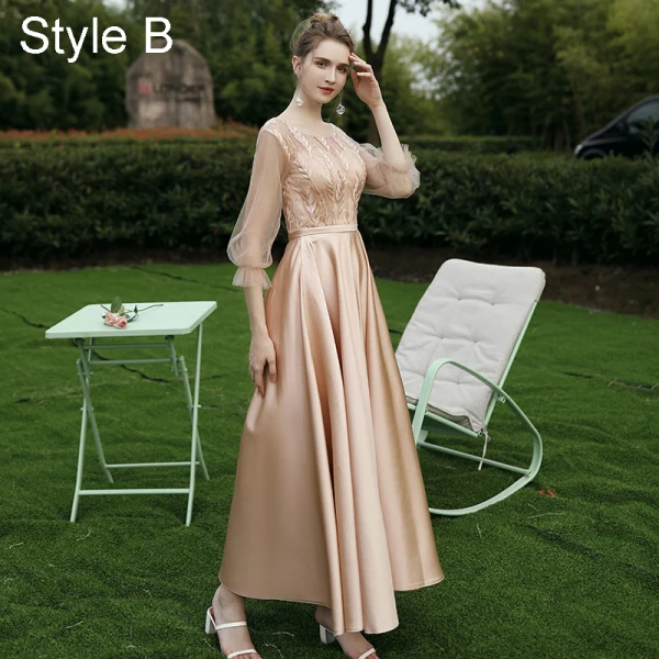 Modest / Simple Champagne Satin Embroidered Bridesmaid Dresses 2021 A-Line / Princess Scoop Neck 1/2 Sleeves Backless Floor-Length / Long Wedding Party Dresses