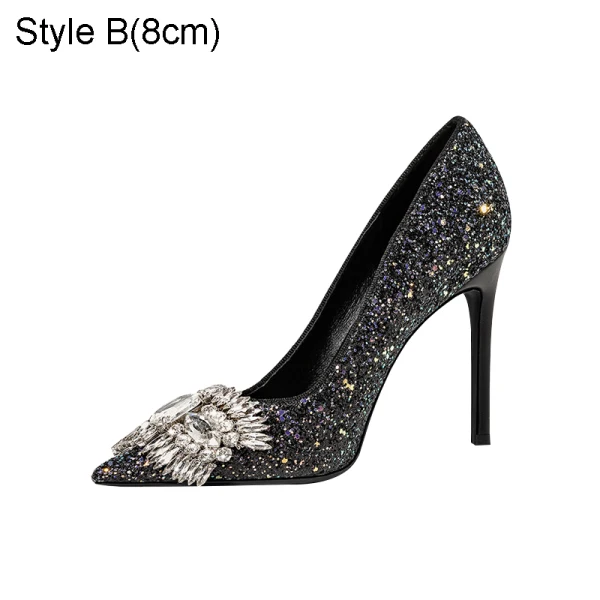 Scintillantes Noire Soirée Paillettes Faux Diamant Escarpins 2021 Cuir 10 cm Talons Aiguilles À Bout Pointu Escarpins Talons Hauts