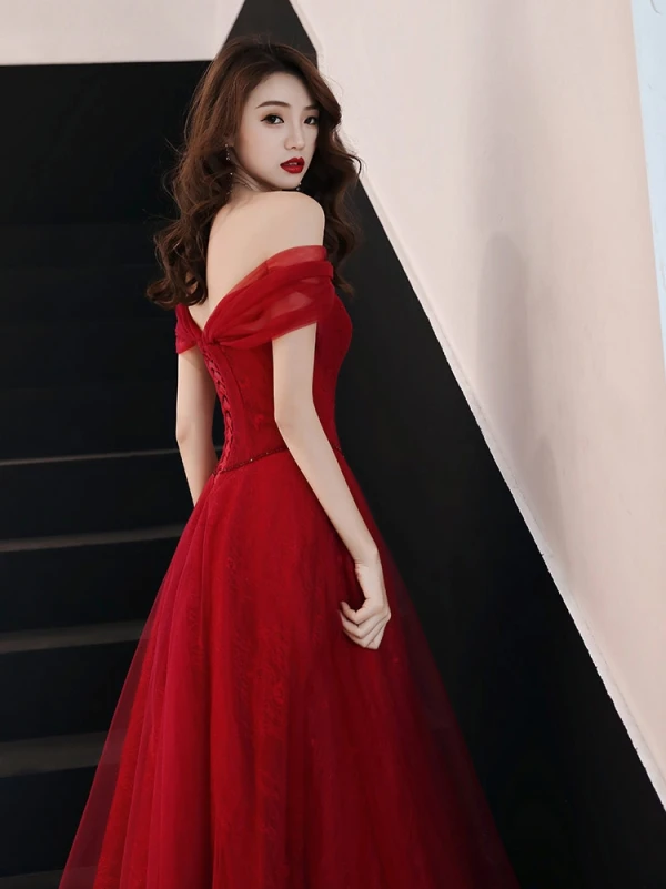 Chic / Beautiful Burgundy Evening Dresses 2019 A-Line / Princess Off-The-Shoulder Beading Crystal Sleeveless Backless Floor-Length / Long Formal Dresses
