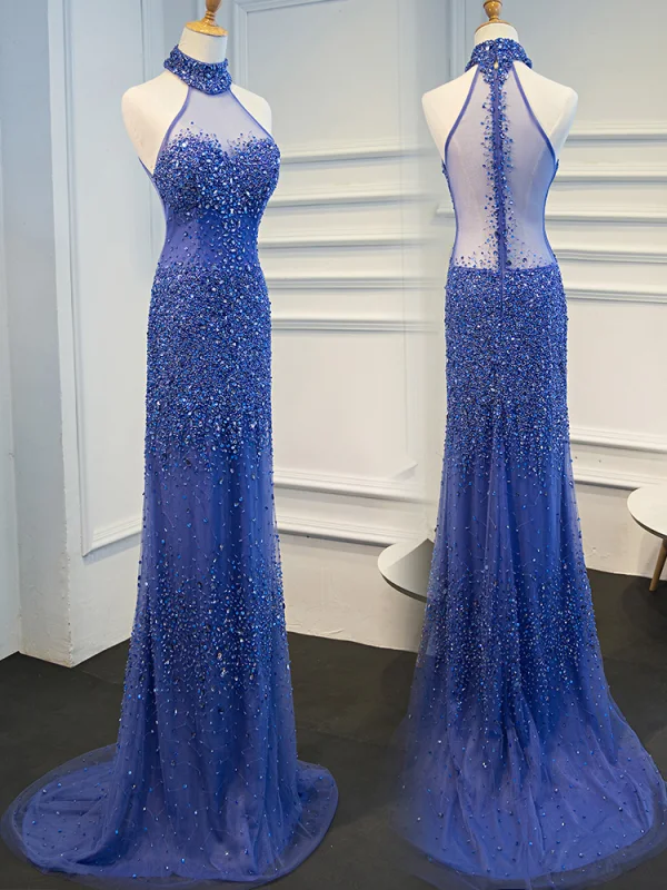 Luxe Océan Bleu Fait main Perlage Robe De Soirée 2019 Trompette / Sirène Titulaire Cristal Paillettes Sans Manches Train De Balayage Robe De Ceremonie