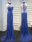 Luxe Océan Bleu Fait main Perlage Robe De Soirée 2019 Trompette / Sirène Titulaire Cristal Paillettes Sans Manches Train De Balayage Robe De Ceremonie