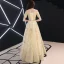 Elegant Gold Evening Dresses  2019 A-Line / Princess Off-The-Shoulder Glitter Sequins Metal Sash Short Sleeve Backless Floor-Length / Long Formal Dresses