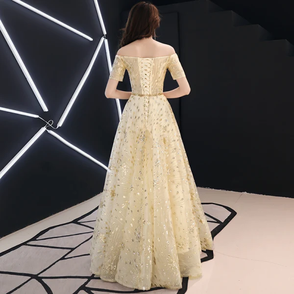 Elegant Gold Evening Dresses 2019 A-Line / Princess Off-The-Shoulder Glitter Sequins Metal Sash Short Sleeve Backless Floor-Length / Long Formal