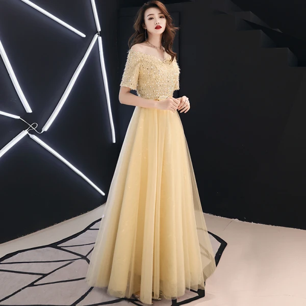 Modern / Fashion Gold Evening Dresses 2019 A-Line / Princess Off-The-Shoulder Sequins Tassel Short Sleeve Floor-Length / Long Formal Dresses